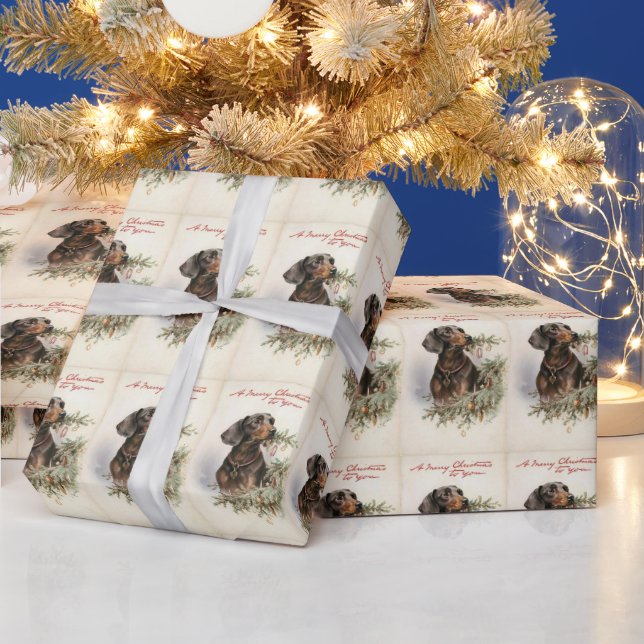 Vintage Christmas Dachshund Dog Holiday Wrapping Paper (Holidays)