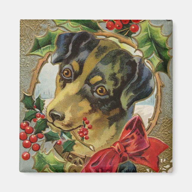 Vintage Christmas, Dachshund Puppy Dog with Holly Magnet (Front)