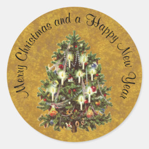 Vintage Christmas, Decorated Victorian Tree Classic Round Sticker