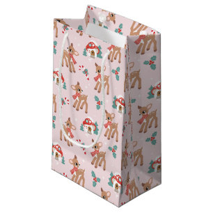 Vintage Christmas Deer and Mushroom Houses Pattern Small Gift Bag