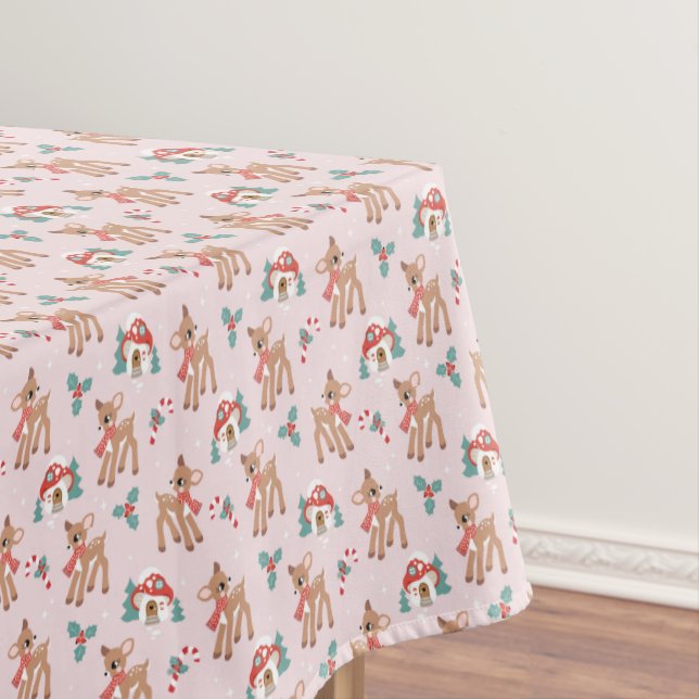 Vintage Christmas Deer and Mushroom Houses Pattern Tablecloth (In Situ)