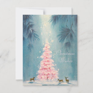 Vintage Christmas Deer Around Pink Tree Holiday Card