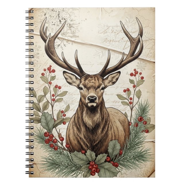 Vintage Christmas Deer Decoupage Art Notebook (Front)