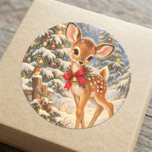Vintage Christmas Deer Fawn in Snowy Woodland      Classic Round Sticker