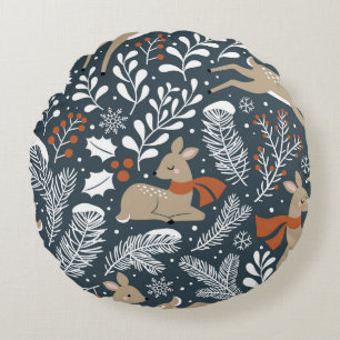 Vintage Christmas deer, festive design Round Pillow