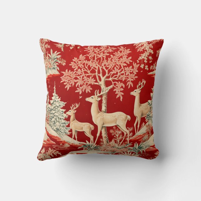 Vintage Christmas Deer in Red Throw Pillow (Back)