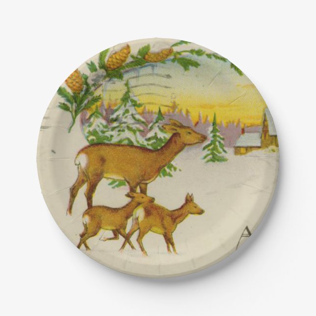 Vintage Christmas Deer Paper Plate (Front)