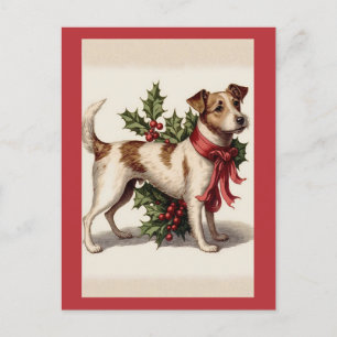 Vintage Christmas Dog with Red Bow and Holly Postcard