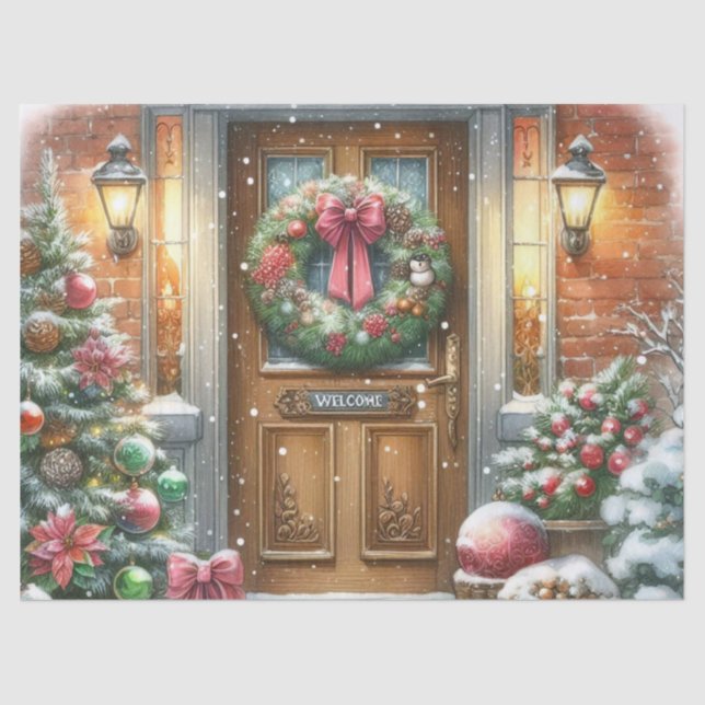 Vintage Christmas Door Holiday Wreath  Tissue Paper (Front)