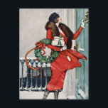 Vintage Christmas Doorstep Illustration Postcard<br><div class="desc">Celebrate the charm of a classic winter holiday with this beautiful vintage-style illustration featuring an elegant woman in a vibrant red coat delivering festive gifts. Holding a holly wreath and ringing a doorbell in the snow, this nostalgic scene captures the warmth and sophistication of early 20th-century holiday fashion and seasonal...</div>
