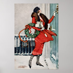 Vintage Christmas Doorstep Illustration Poster