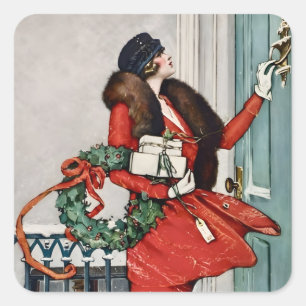 Vintage Christmas Doorstep Illustration Square Sticker