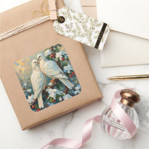 Vintage Christmas Doves on Snowy Evergreen Branch Square Sticker