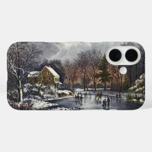 Vintage Christmas, Early Winter Skaters on a Pond iPhone 16 Case