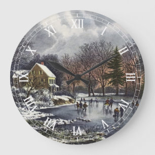 Vintage Christmas, Early Winter Skaters on a Pond Large Clock