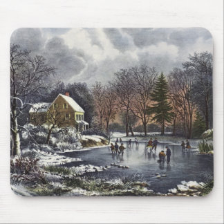 Vintage Christmas, Early Winter Skaters on a Pond Mouse Pad