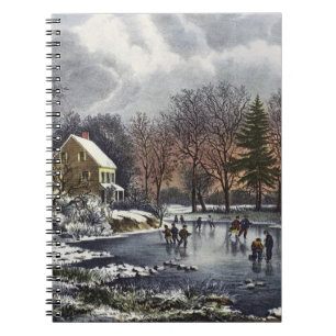 Vintage Christmas, Early Winter Skaters on Pond Notebook