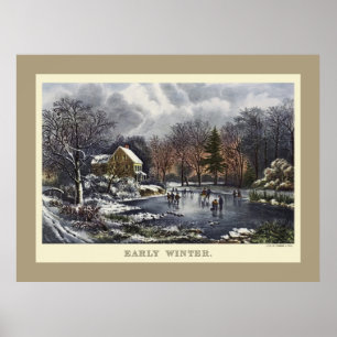 Vintage Christmas, Early Winter with Ice Skaters Poster