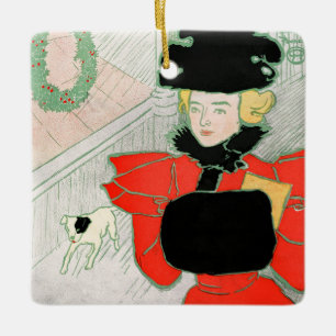Vintage Christmas Elegant Victorian Lady in Red Ceramic Ornament