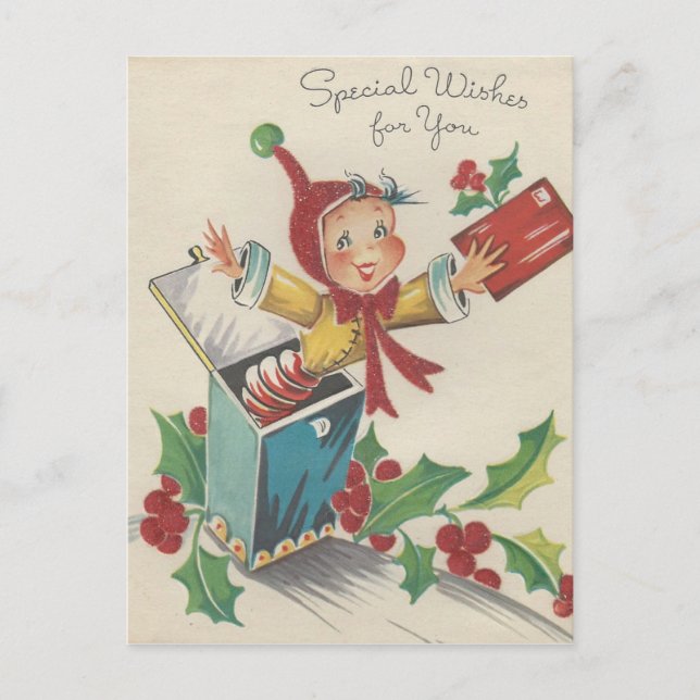 Vintage Christmas Elf In A Box Holiday Postcard (Front)