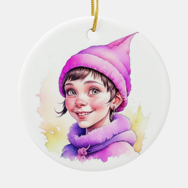 Vintage Christmas Elf  Personalized Ceramic Ornament (Front)