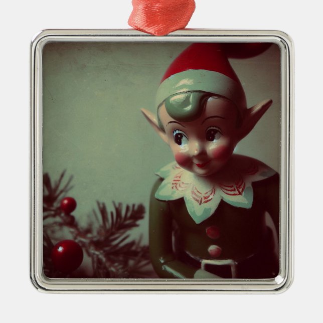 Vintage Christmas Elf Retro Xmas Metal Ornament (Front)