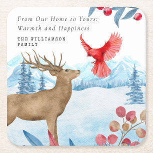 VINTAGE CHRISTMAS ELK RED CARDINAL PERSONALIZED SQUARE PAPER COASTER