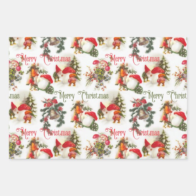 Vintage Christmas Elves And Mushrooms  Wrapping Paper Sheet (Front)