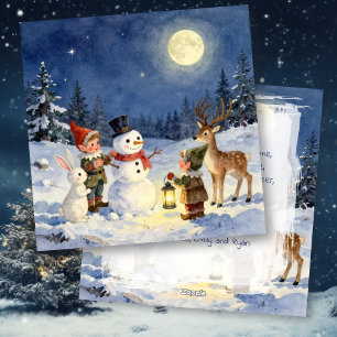 Vintage Christmas Elves and Snowman Personalized Holiday Card