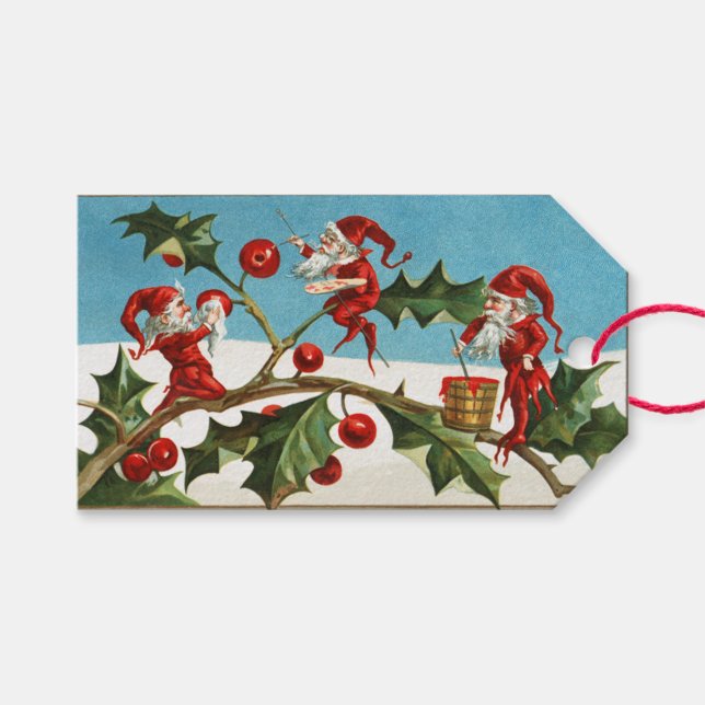 Vintage Christmas Elves & Holly Gift Tags (Front (Horizontal))