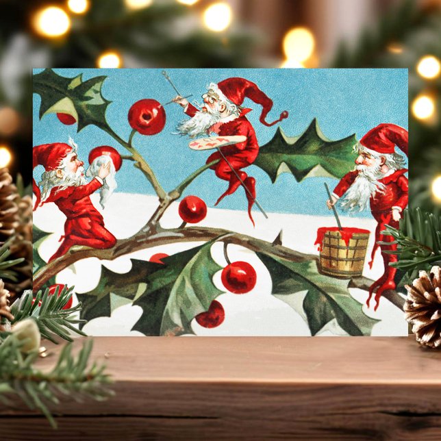 Vintage Christmas Elves Holly Holiday Postcard (Creator Uploaded)