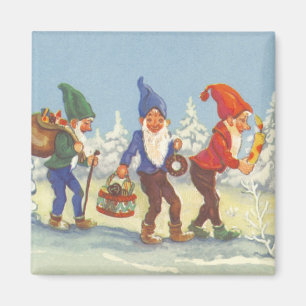 Vintage Christmas, Elves in the Snow Forest Winter Magnet