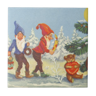 Vintage Christmas, Elves in the Snow Forest Winter Tile