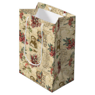 Vintage Christmas Ephemera, Holly & Ornate Text Medium Gift Bag