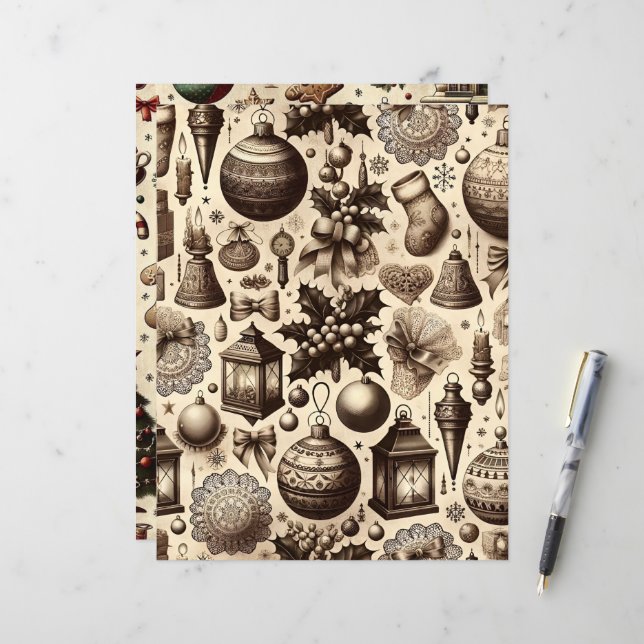 Vintage Christmas Ephemera Scrapbook Paper (Front/Back In Situ)