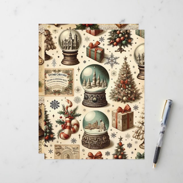 Vintage Christmas Ephemera Scrapbook Paper (Front/Back In Situ)
