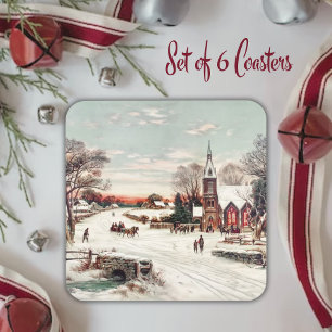 Vintage Christmas Eve Church in Snow Coaster