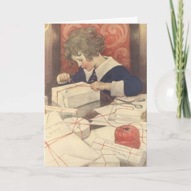 Vintage Christmas Eve, Girl Wrapping Presents Holiday Card (Front)
