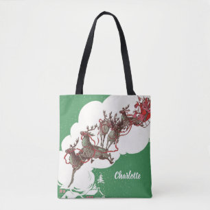 Vintage Christmas Eve, Retro Santa Claus in Sleigh Tote Bag