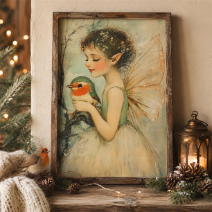 Vintage Christmas Fairy and Robin Wall Art