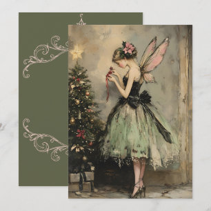 Vintage Christmas Fairy in Green Decorating Tree Holiday Card