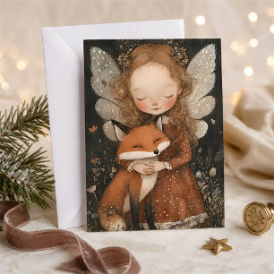 Vintage Christmas Fairy with Fox Whimsical Holiday Card