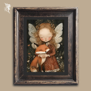Vintage Christmas Fairy with Fox Whimsical Holiday Poster