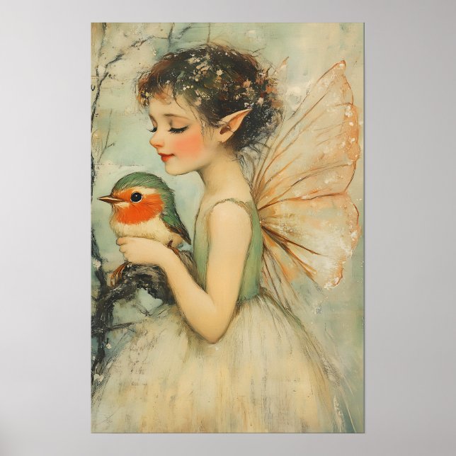 Vintage Christmas Fairy with Robin Whimsical  Poster (Front)