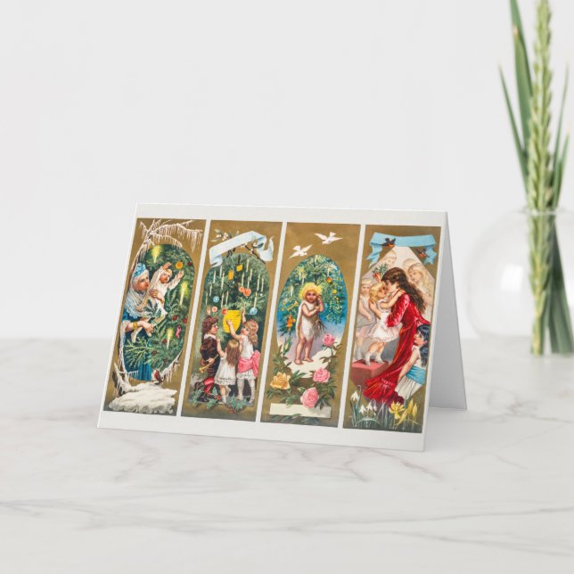 Vintage Christmas Families and Christmas Trees Holiday Card (Front)