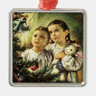 Vintage Christmas Family Brother Sister Metal Ornament