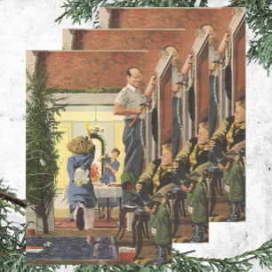 Vintage Christmas, Family Decorating the House Wrapping Paper Sheet