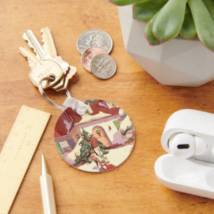 Vintage Christmas, Family House in the Snow Keychain