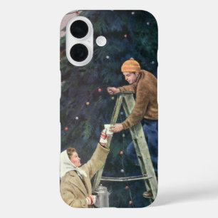 Vintage Christmas, Family Stringing Lights on Tree iPhone 16 Case