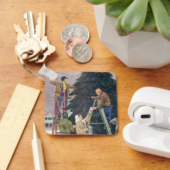 Vintage Christmas, Family Stringing Lights on Tree Keychain (Desk)